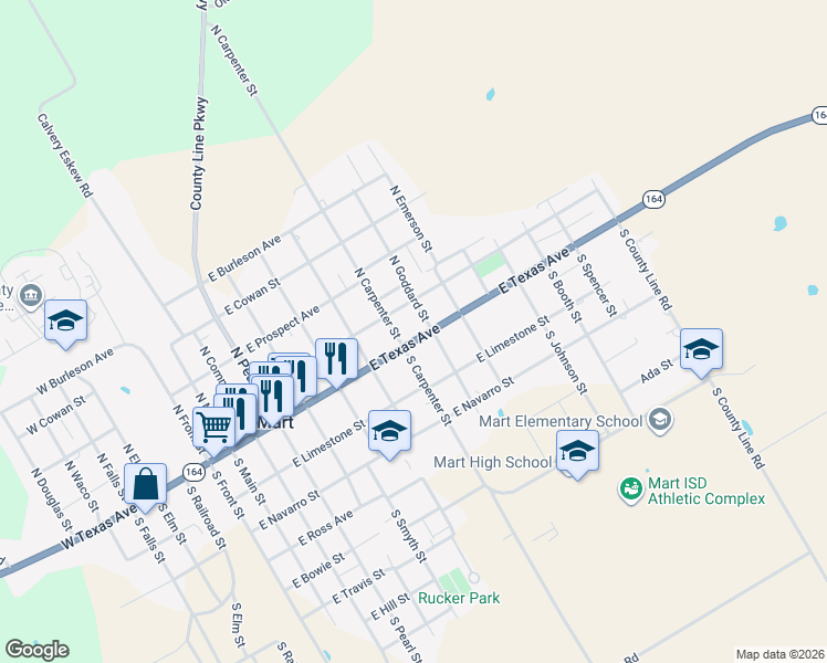 map of restaurants, bars, coffee shops, grocery stores, and more near 908 East Texas Avenue in Mart
