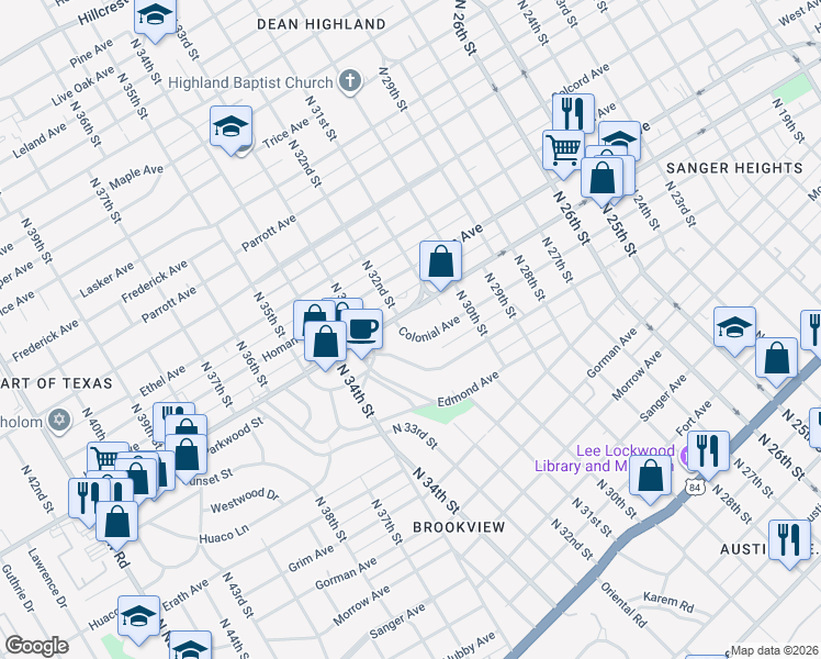 map of restaurants, bars, coffee shops, grocery stores, and more near 3108 Colonial Avenue in Waco