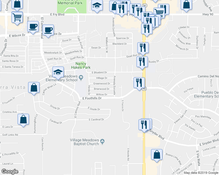 map of restaurants, bars, coffee shops, grocery stores, and more near 3547 Briarwood Drive in Sierra Vista