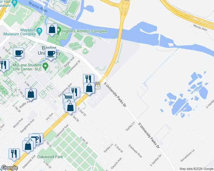 map of restaurants, bars, coffee shops, grocery stores, and more near South University Parks Drive in Waco