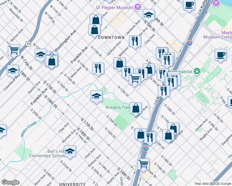 map of restaurants, bars, coffee shops, grocery stores, and more near 721 South 13th Street in Waco
