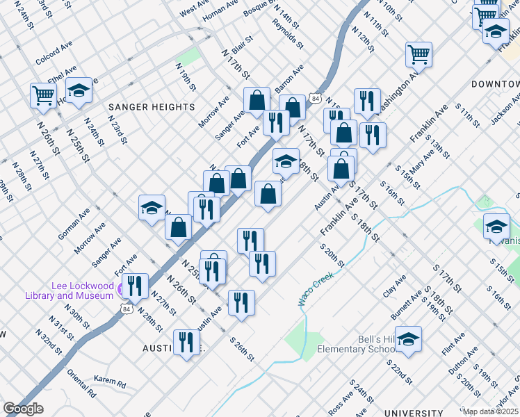 map of restaurants, bars, coffee shops, grocery stores, and more near 2024 Columbus Avenue in Waco