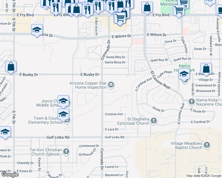 map of restaurants, bars, coffee shops, grocery stores, and more near in Sierra Vista