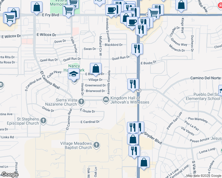map of restaurants, bars, coffee shops, grocery stores, and more near 3596 Briarwood Drive in Sierra Vista
