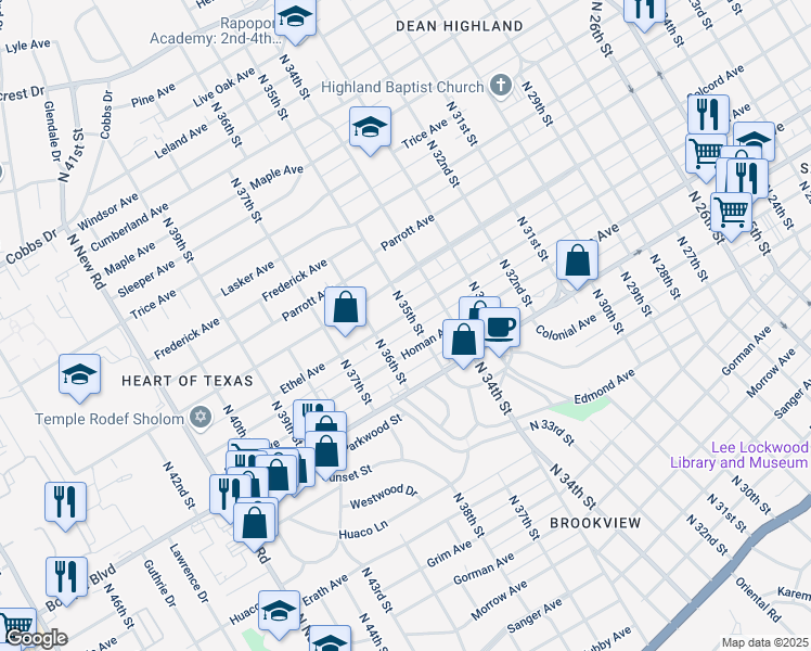 map of restaurants, bars, coffee shops, grocery stores, and more near 3513 Homan Avenue in Waco
