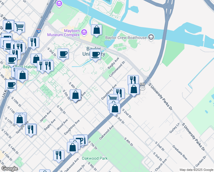 map of restaurants, bars, coffee shops, grocery stores, and more near 1818 South 2nd Street in Waco