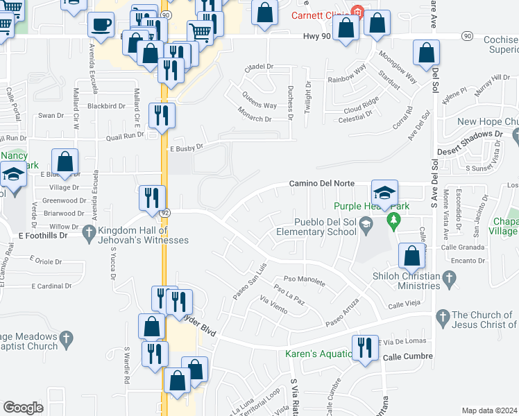 map of restaurants, bars, coffee shops, grocery stores, and more near 924 Plaza Camarillo in Sierra Vista