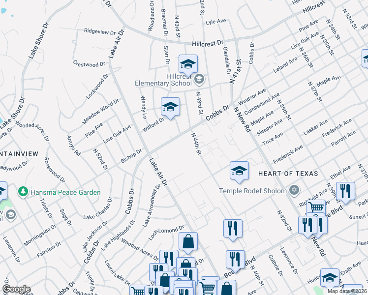 map of restaurants, bars, coffee shops, grocery stores, and more near 4400 Cobbs Drive in Waco