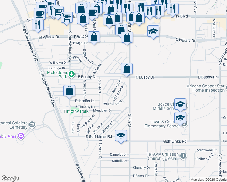 map of restaurants, bars, coffee shops, grocery stores, and more near 207 Avenue Arcos in Sierra Vista