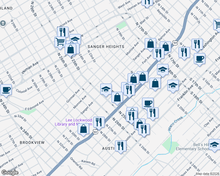 map of restaurants, bars, coffee shops, grocery stores, and more near 537 North 24th Street in Waco