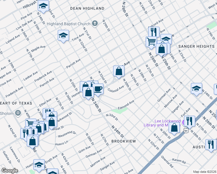 map of restaurants, bars, coffee shops, grocery stores, and more near 3229 Cole Avenue in Waco