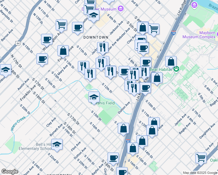 map of restaurants, bars, coffee shops, grocery stores, and more near 801 South 12th Street in Waco