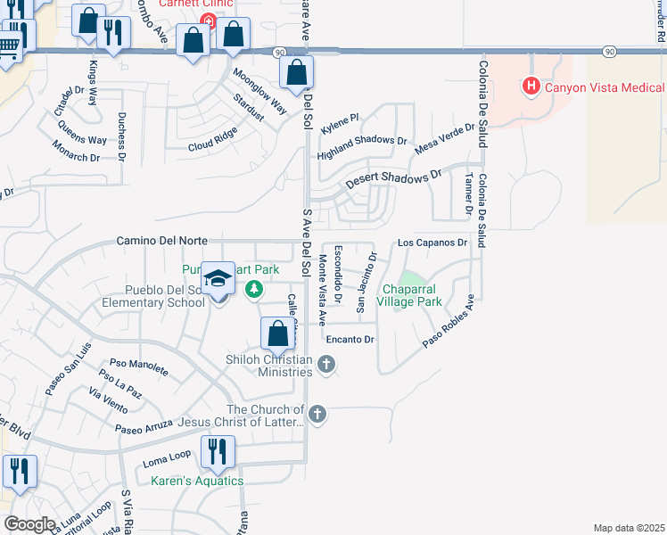 map of restaurants, bars, coffee shops, grocery stores, and more near 976 Escondido Drive in Sierra Vista