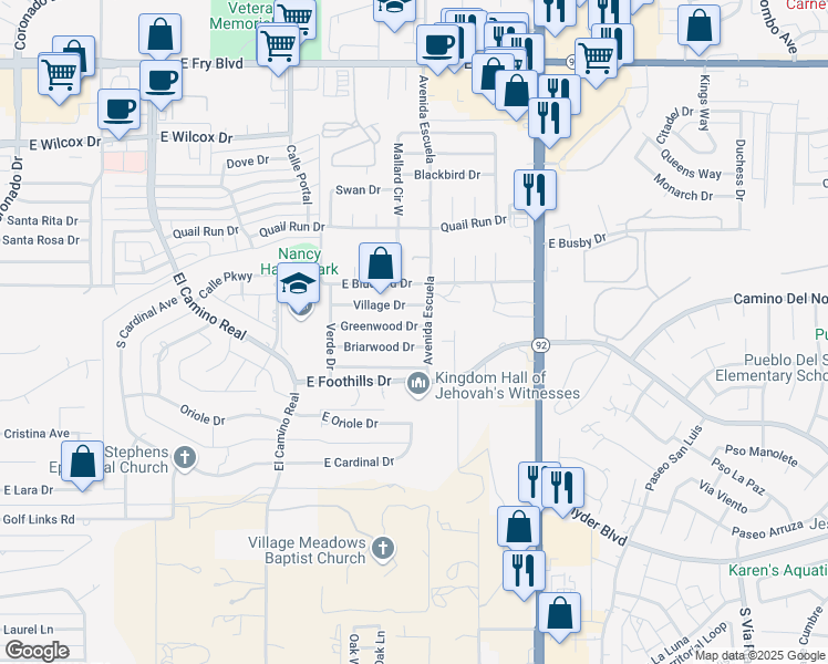 map of restaurants, bars, coffee shops, grocery stores, and more near 3572 Greenwood Drive in Sierra Vista