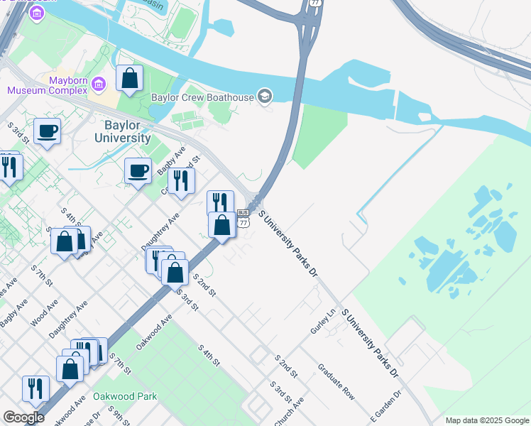 map of restaurants, bars, coffee shops, grocery stores, and more near 2200 South University Parks Drive in Waco