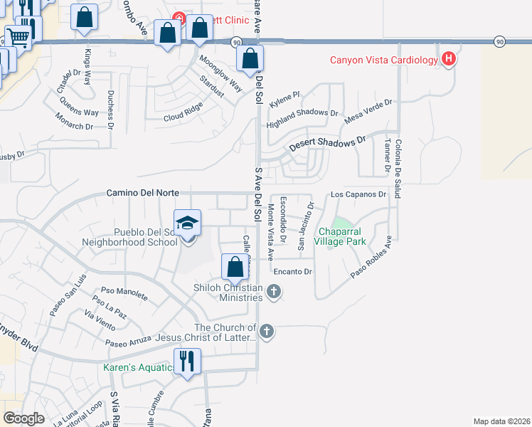 map of restaurants, bars, coffee shops, grocery stores, and more near 924 Monte Vista Avenue in Sierra Vista