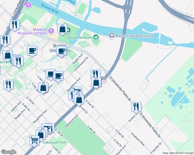 map of restaurants, bars, coffee shops, grocery stores, and more near 2100 River Street in Waco