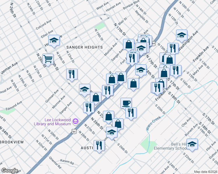 map of restaurants, bars, coffee shops, grocery stores, and more near 2115 Jefferson Avenue in Waco