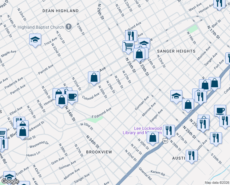 map of restaurants, bars, coffee shops, grocery stores, and more near 1226 North 29th Street in Waco
