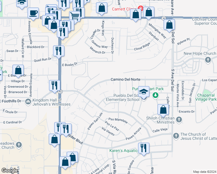 map of restaurants, bars, coffee shops, grocery stores, and more near 915 Plaza Del Gado in Sierra Vista
