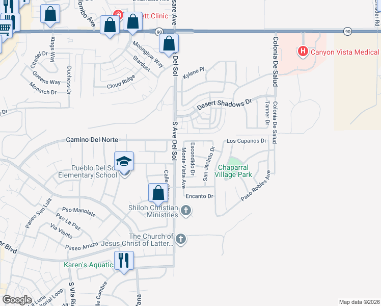 map of restaurants, bars, coffee shops, grocery stores, and more near 856 Escondido Drive in Sierra Vista