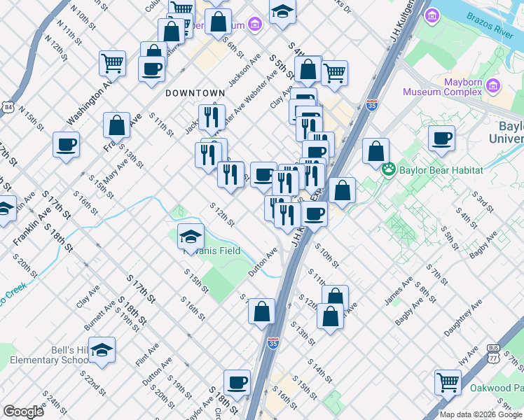 map of restaurants, bars, coffee shops, grocery stores, and more near 817 South 10th Street in Waco