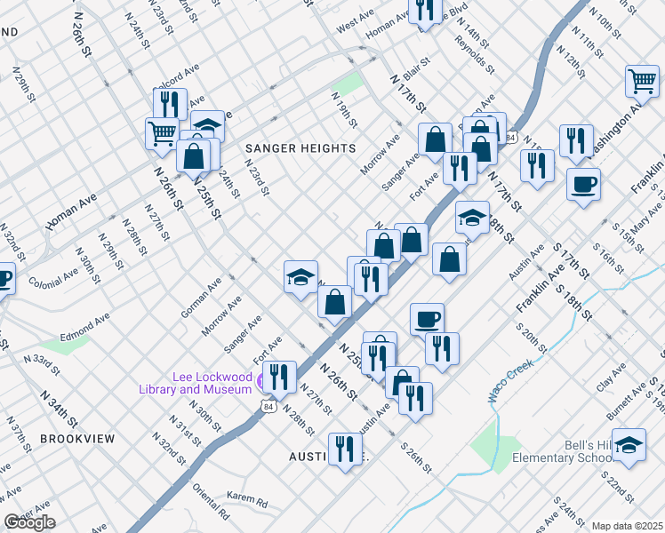 map of restaurants, bars, coffee shops, grocery stores, and more near 2228 Sanger Avenue in Waco