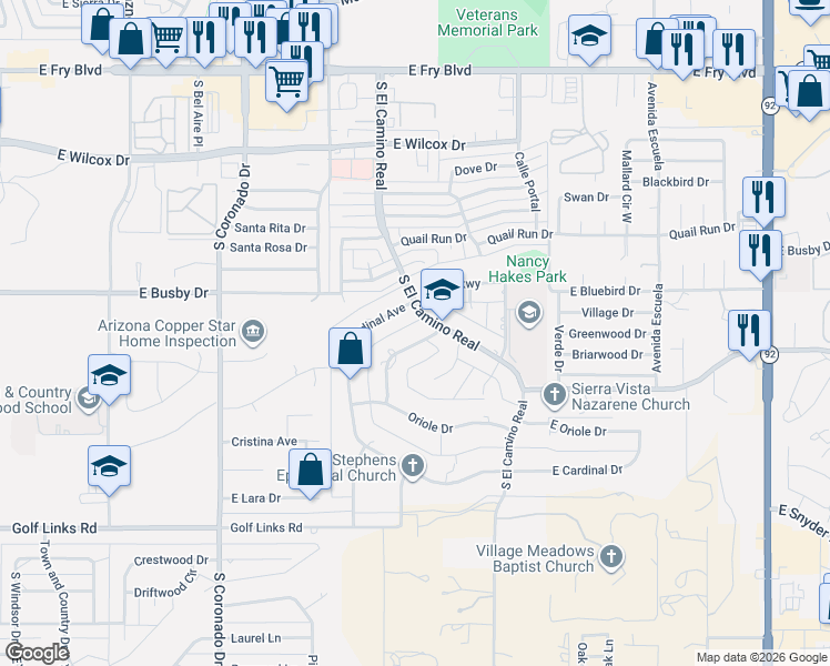 map of restaurants, bars, coffee shops, grocery stores, and more near 815 South Cardinal Avenue in Sierra Vista