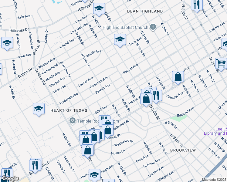 map of restaurants, bars, coffee shops, grocery stores, and more near 3612 Parrott Avenue in Waco