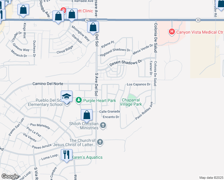 map of restaurants, bars, coffee shops, grocery stores, and more near 880 Kayenta Court in Sierra Vista