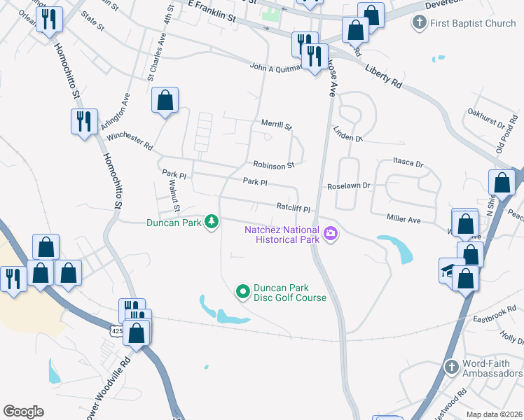 map of restaurants, bars, coffee shops, grocery stores, and more near 537 Ratcliff Place in Natchez