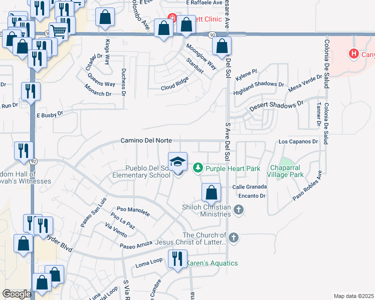 map of restaurants, bars, coffee shops, grocery stores, and more near 5134 Camino Del Norte in Sierra Vista