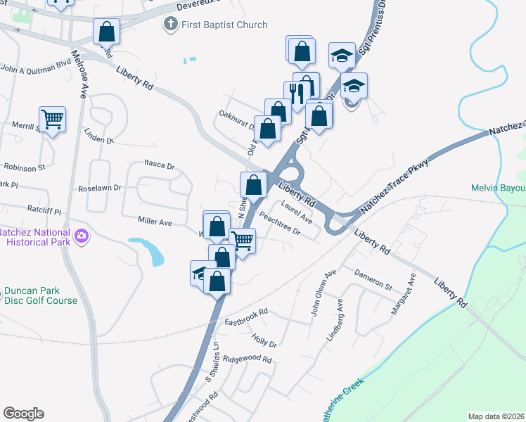 map of restaurants, bars, coffee shops, grocery stores, and more near 285 Sgt Prentiss Dr in Natchez