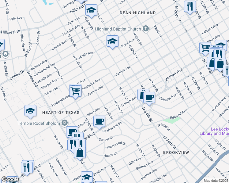 map of restaurants, bars, coffee shops, grocery stores, and more near 3521 Colcord Avenue in Waco