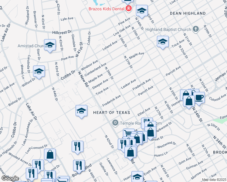 map of restaurants, bars, coffee shops, grocery stores, and more near 3920 Trice Avenue in Waco