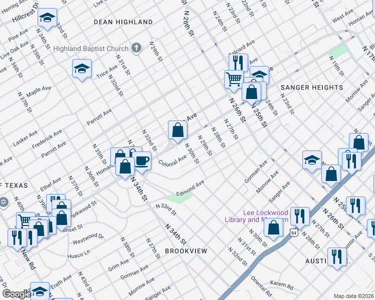 map of restaurants, bars, coffee shops, grocery stores, and more near 1300-1348 North 30th Street in Waco