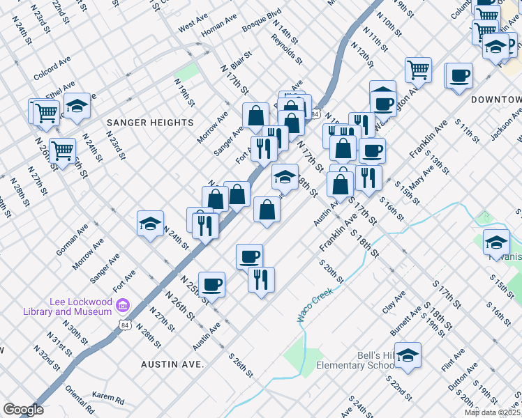 map of restaurants, bars, coffee shops, grocery stores, and more near 2005 Columbus Avenue in Waco