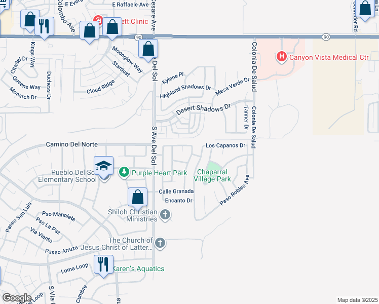 map of restaurants, bars, coffee shops, grocery stores, and more near 892 San Jacinto Drive in Sierra Vista