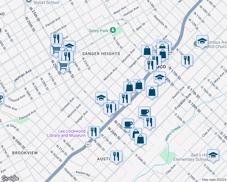 map of restaurants, bars, coffee shops, grocery stores, and more near 613 North 23rd Street in Waco