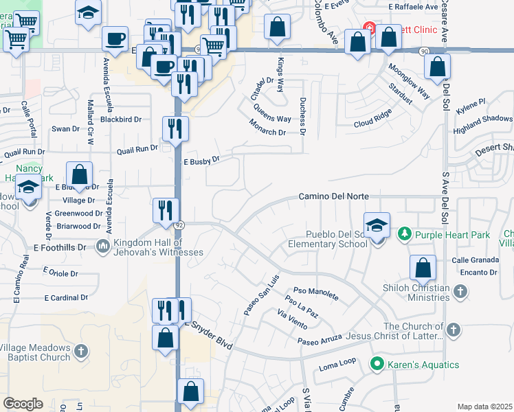 map of restaurants, bars, coffee shops, grocery stores, and more near 4421 Camino Del Norte in Sierra Vista