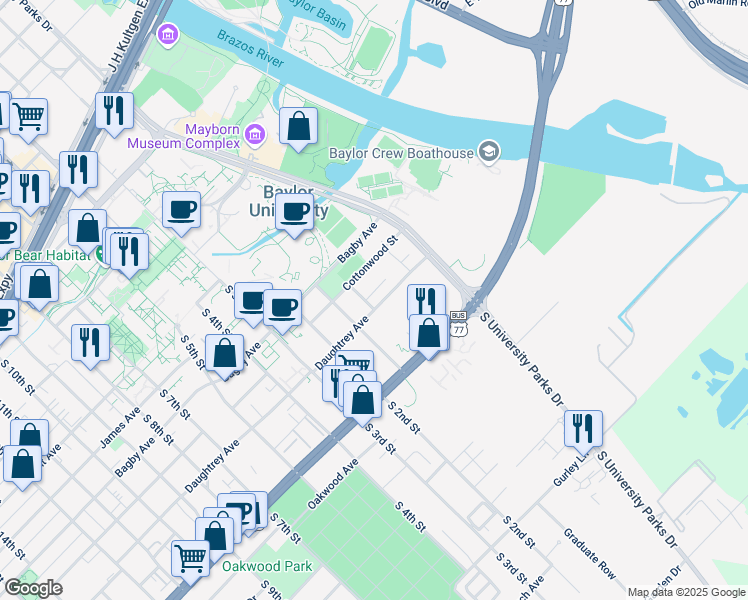 map of restaurants, bars, coffee shops, grocery stores, and more near 88 Hackberry Avenue in Waco