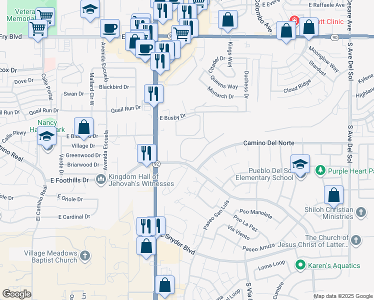 map of restaurants, bars, coffee shops, grocery stores, and more near 4250 East Foothills Drive in Sierra Vista