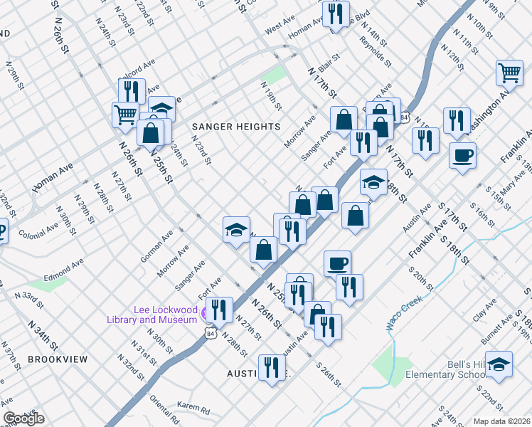 map of restaurants, bars, coffee shops, grocery stores, and more near 2228 Sanger Avenue in Waco