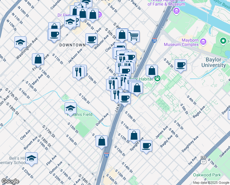 map of restaurants, bars, coffee shops, grocery stores, and more near 912 South 10th Street in Waco