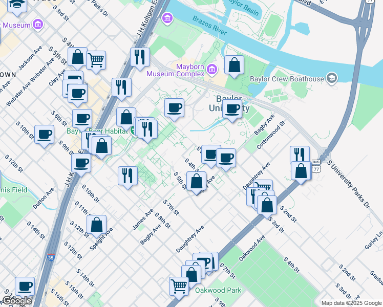 map of restaurants, bars, coffee shops, grocery stores, and more near 1416 South 3rd Street in Waco