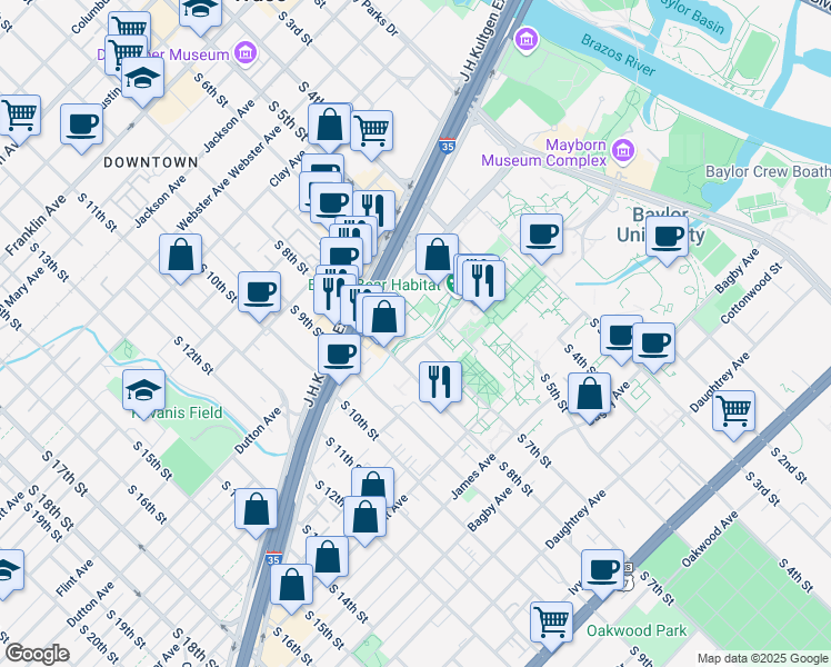 map of restaurants, bars, coffee shops, grocery stores, and more near 1168-1250 S 7th St in Waco