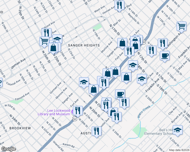 map of restaurants, bars, coffee shops, grocery stores, and more near 2228 Sanger Avenue in Waco
