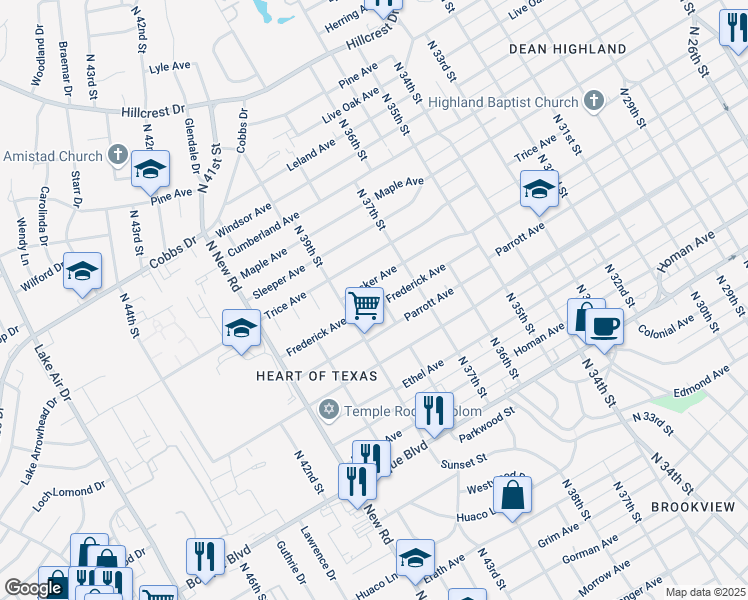 map of restaurants, bars, coffee shops, grocery stores, and more near 3801 Frederick Avenue in Waco