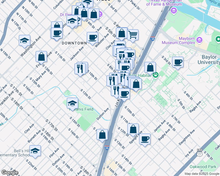 map of restaurants, bars, coffee shops, grocery stores, and more near 912 S 10th St in Waco