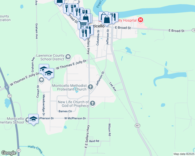 map of restaurants, bars, coffee shops, grocery stores, and more near 700 Jefferson Street in Monticello